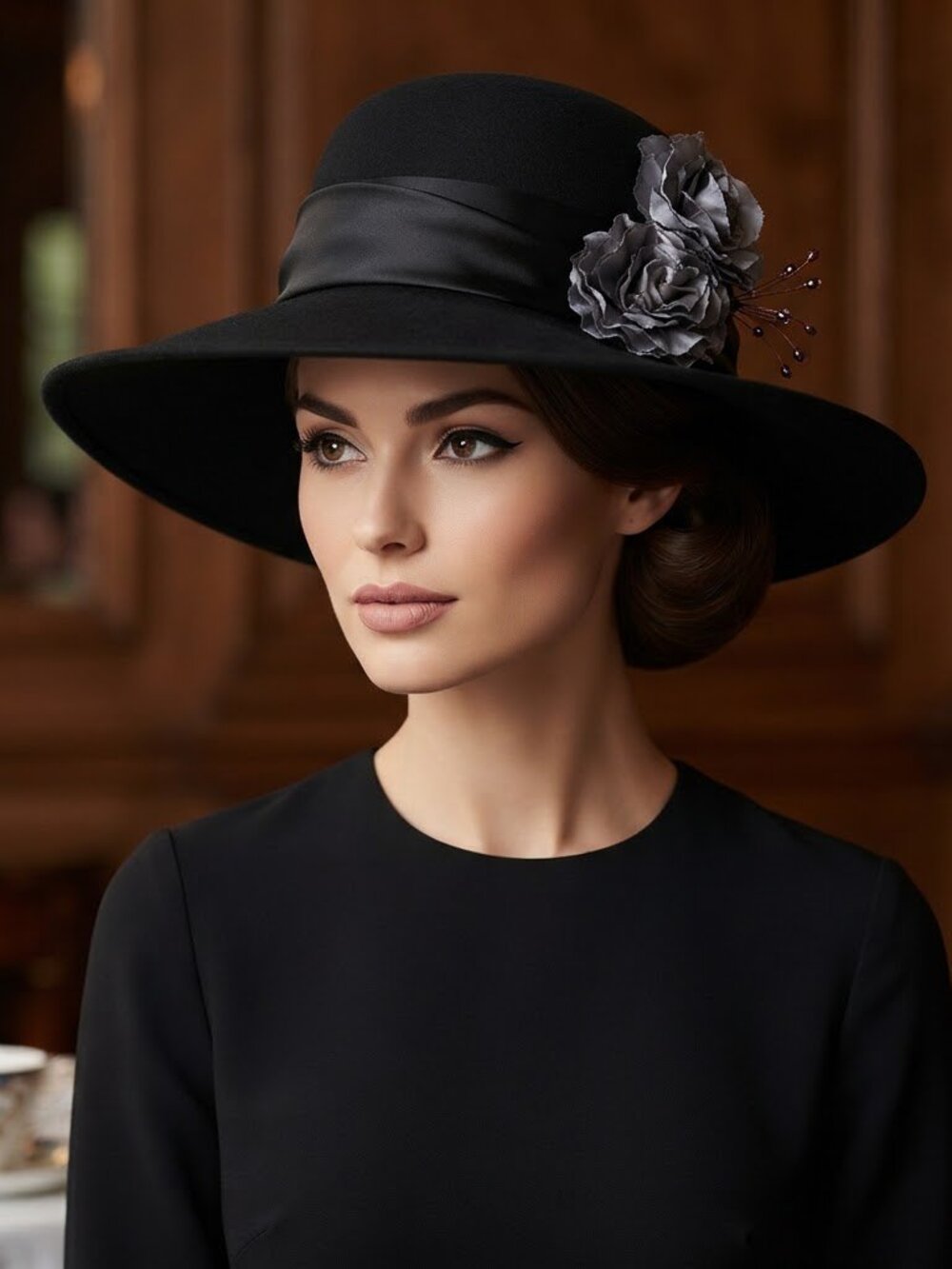 August Accessories Fine Millinery Black Wool Wide Brim Flower Event Hat